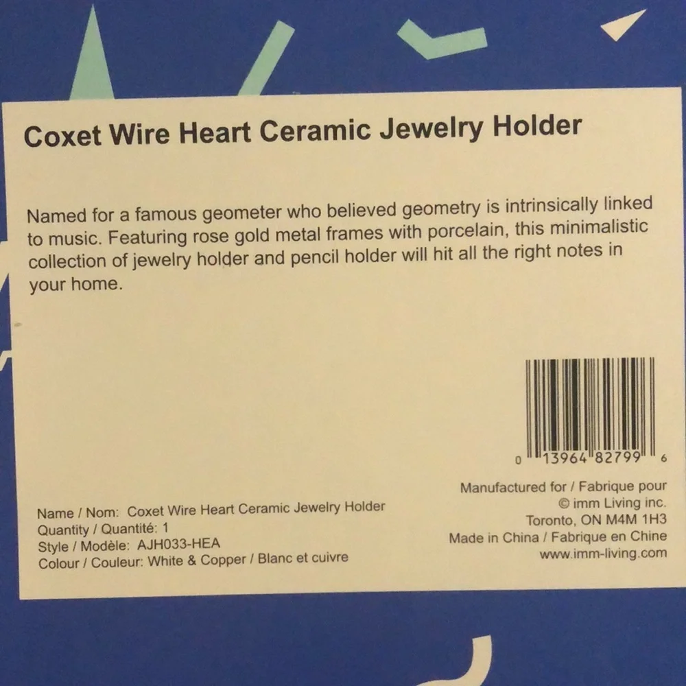 New Imm Living COXET WIRE HEART CERAMIC JEWELRY HOLDER